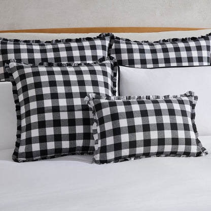 Gingham Square Frill Edge Cushion Cover - Black - DUSK