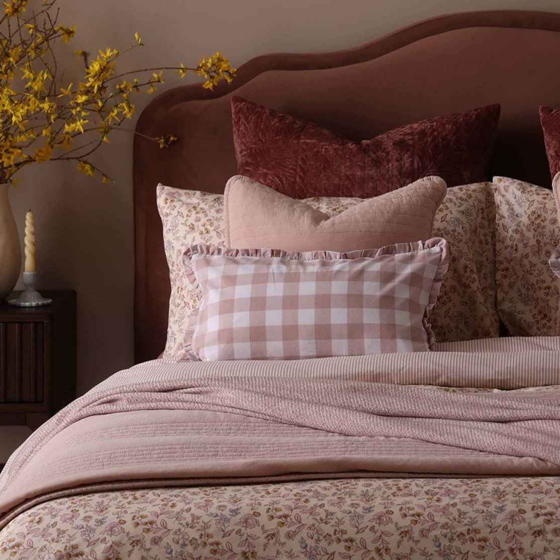 Gingham Square Frill Edge Cushion Cover - Blush Pink - DUSK