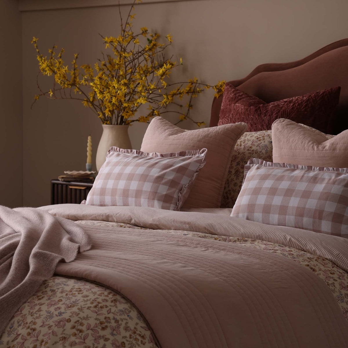 Gingham Square Frill Edge Cushion Cover - Blush Pink - DUSK