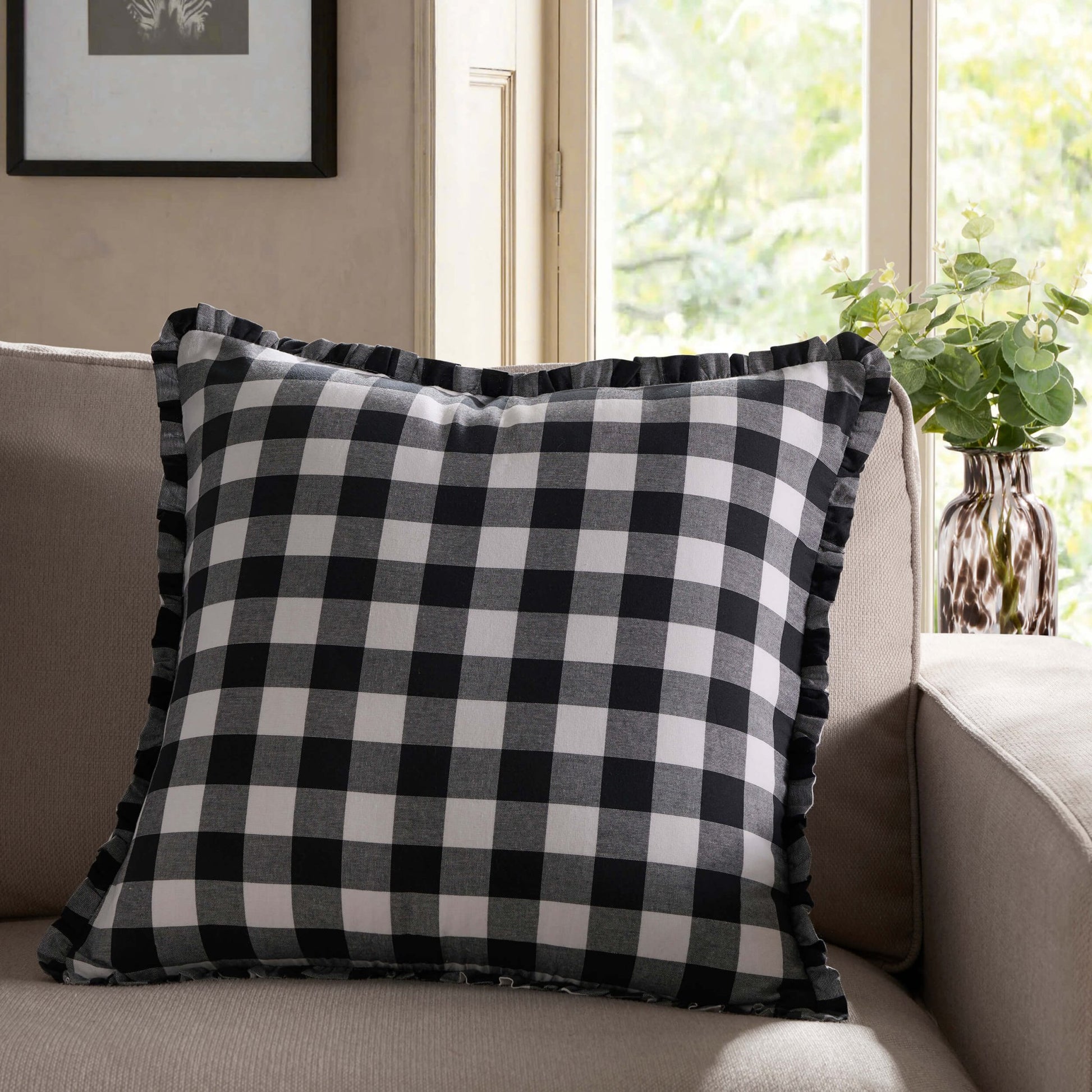 Gingham Square Frill Edge Sofa Cushion Cover - Black - DUSK