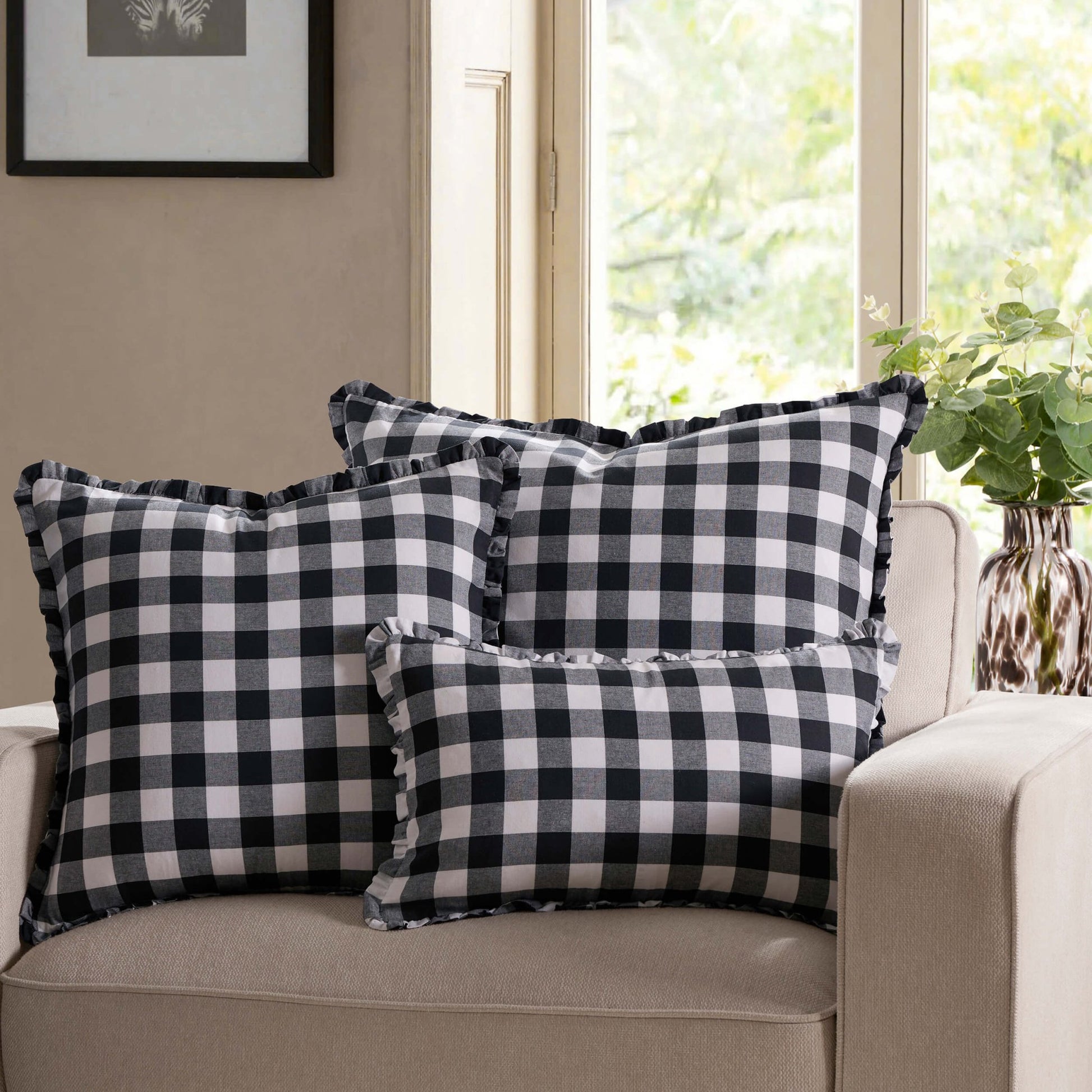 Gingham Square Frill Edge Sofa Cushion Cover - Black - DUSK