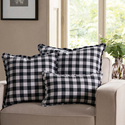 Gingham Square Frill Edge Sofa Cushion Cover - Black - DUSK