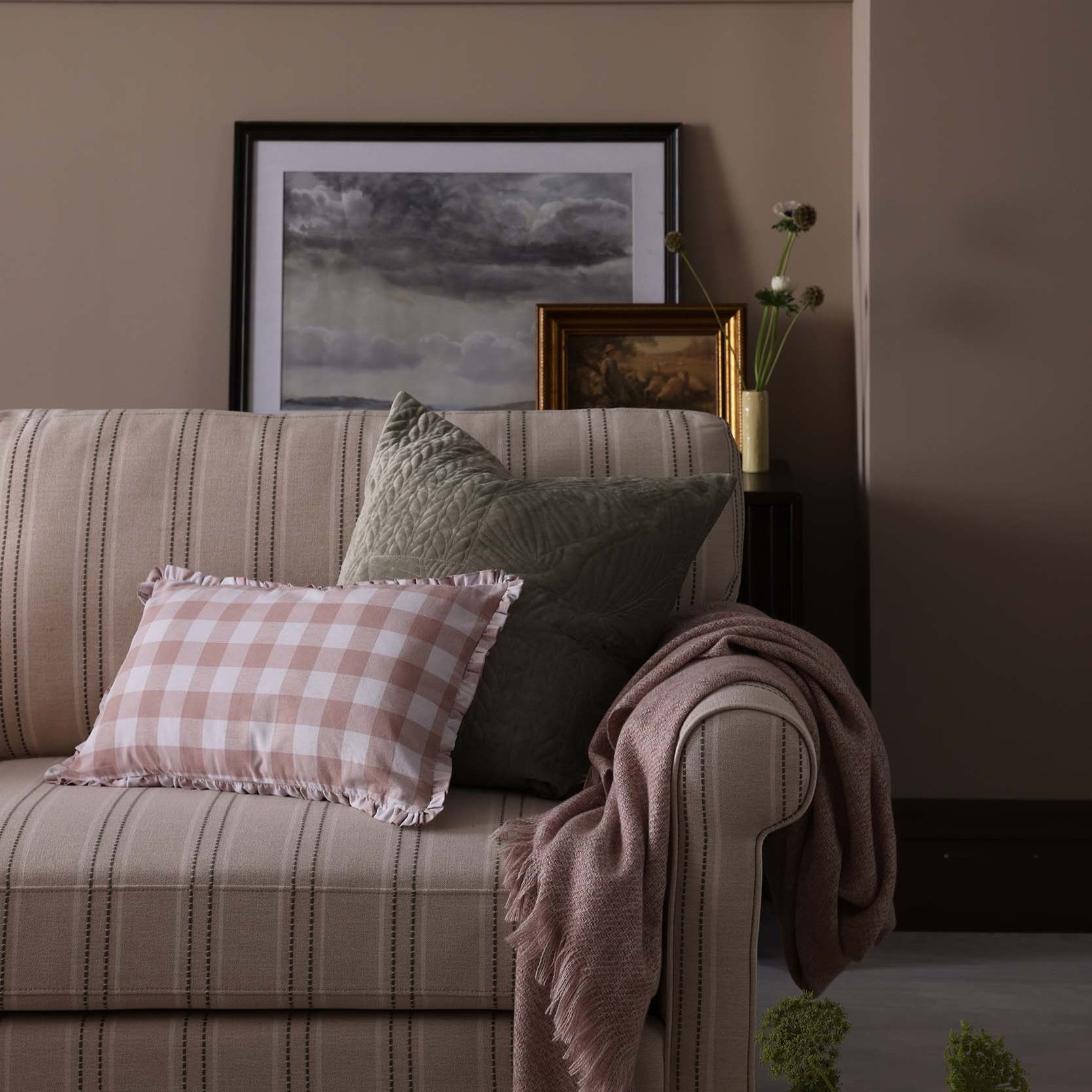 Gingham Square Frill Edge Sofa Cushion Cover - Blush Pink - DUSK