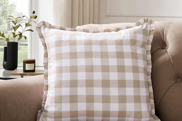 Gingham Square Frill Edge Sofa Cushion Cover - Natural - DUSK