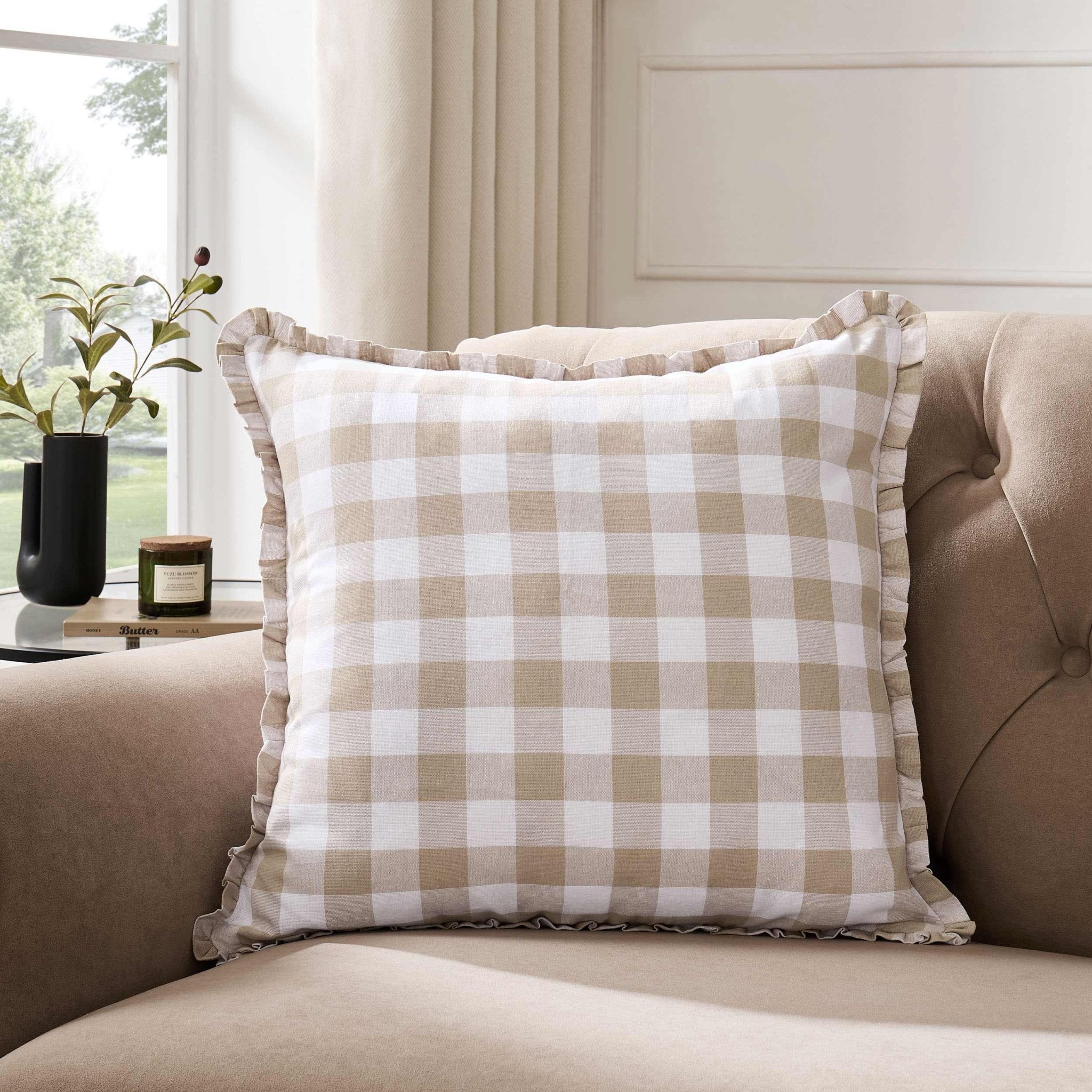 Gingham Square Frill Edge Sofa Cushion Cover - Natural - DUSK