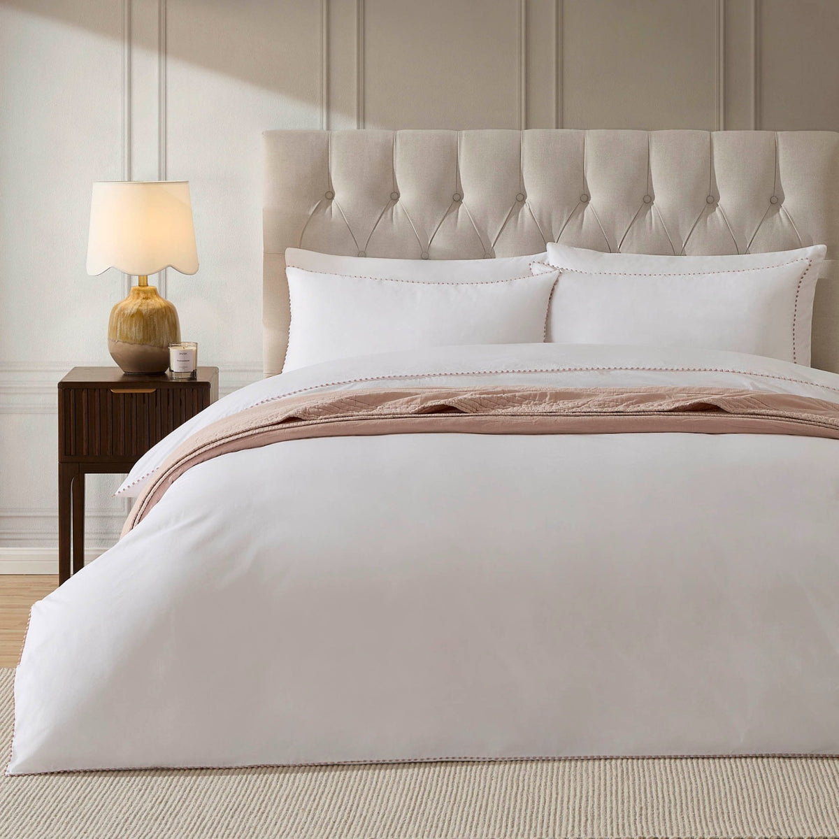 Girona 200 Thread Count Pom - Pom Duvet Cover - Cotton - White/Pink - DUSK