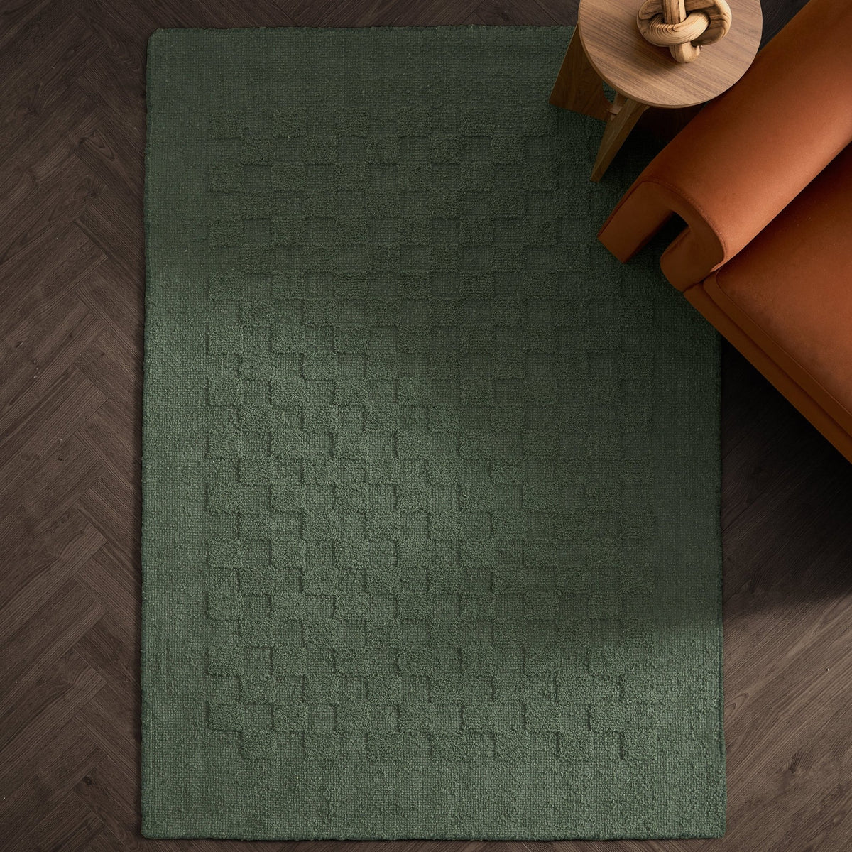 Hand Woven Wool Checkerboard Rug - Forest Green - DUSK