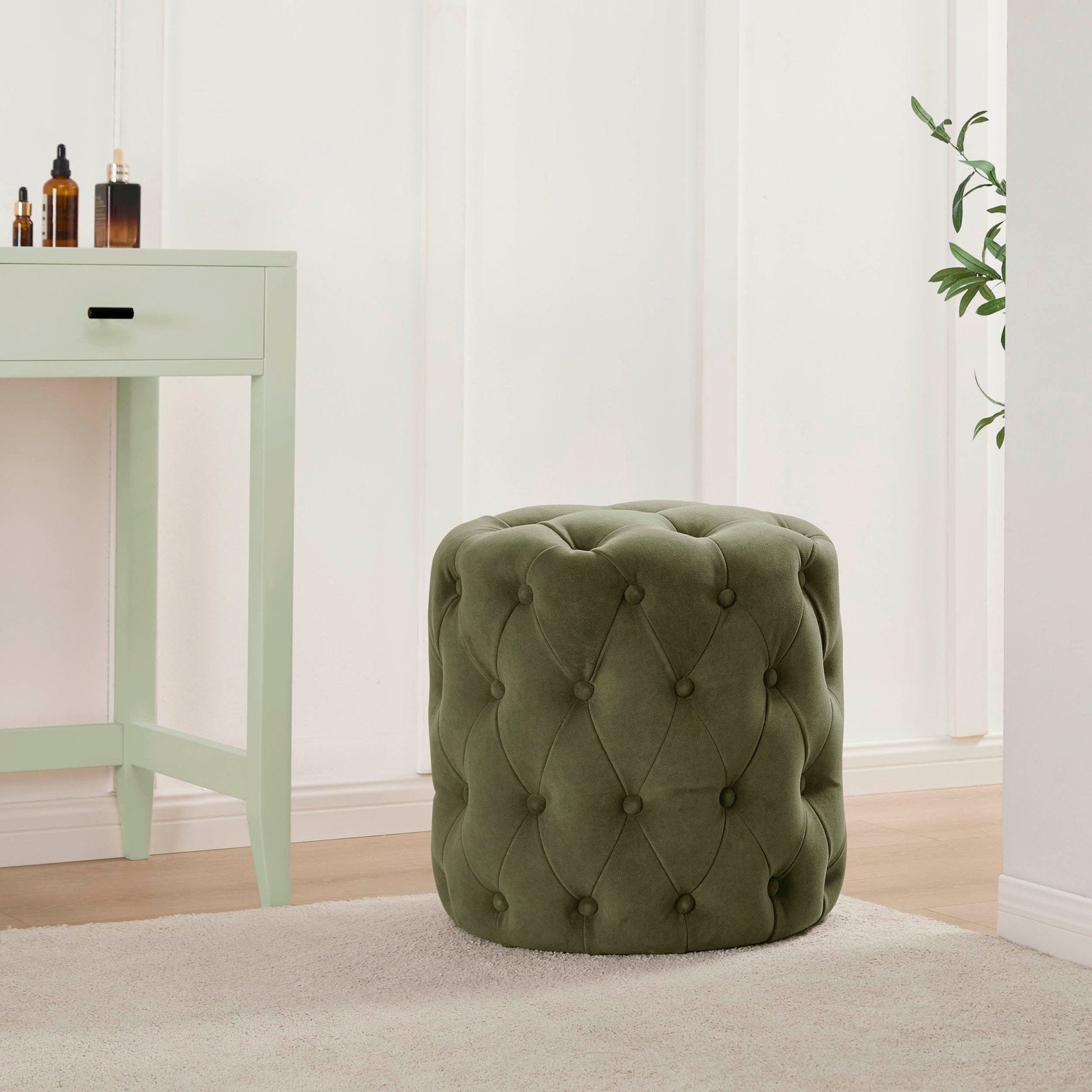 Hastings Buttoned Round Stool - Olive - DUSK