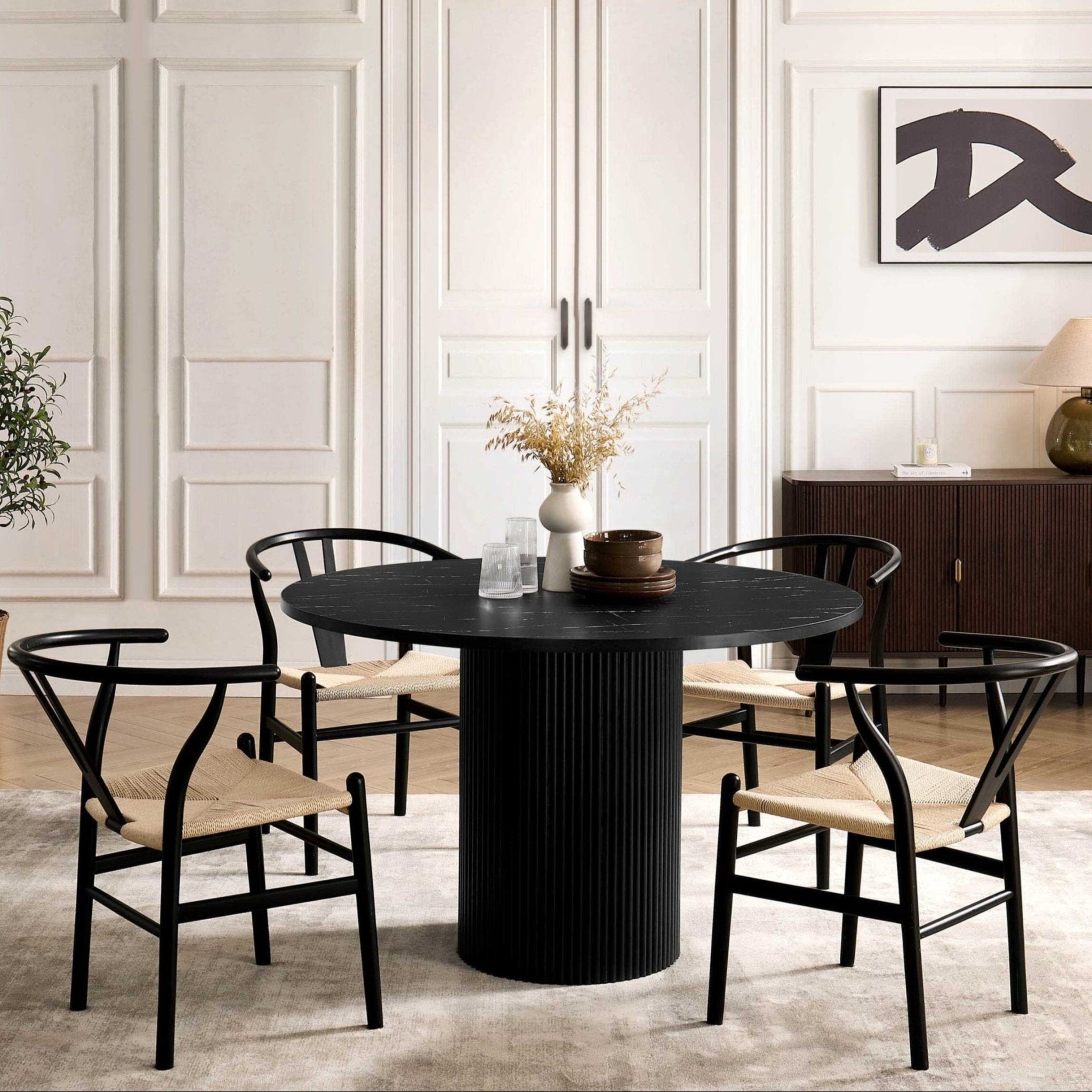 Hattie Panel Round 4 - 6 Seater Pedestal Dining Table - Black Marble - DUSK
