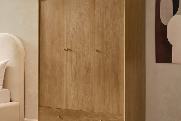 Heidi Oak 3 Door Wardrobe with Drawers - Light Wood - DUSK