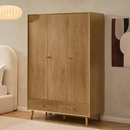 Heidi Oak 3 Door Wardrobe with Drawers - Light Wood - DUSK