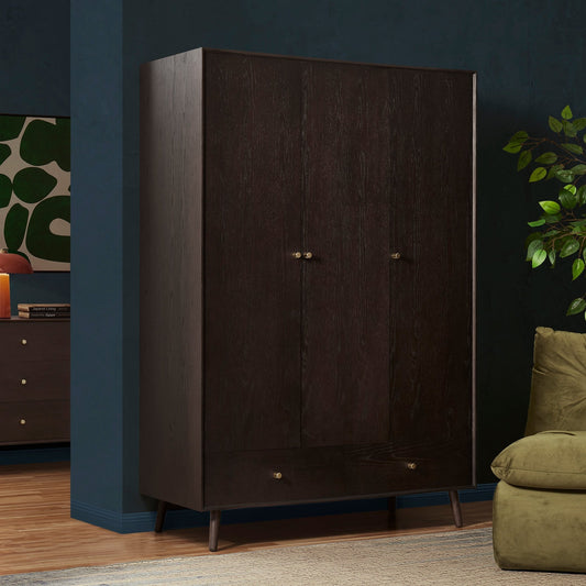 Heidi Oak 3 Door Wardrobe with Drawers - Walnut - DUSK