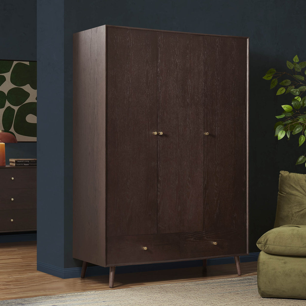 Heidi Oak 3 Door Wardrobe with Drawers - Walnut - DUSK
