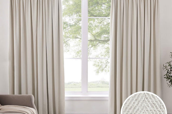 Herringbone Thermal Blackout Pencil Pleat Curtains - Off White - DUSK
