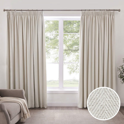 Herringbone Thermal Blackout Pencil Pleat Curtains - Off White - DUSK