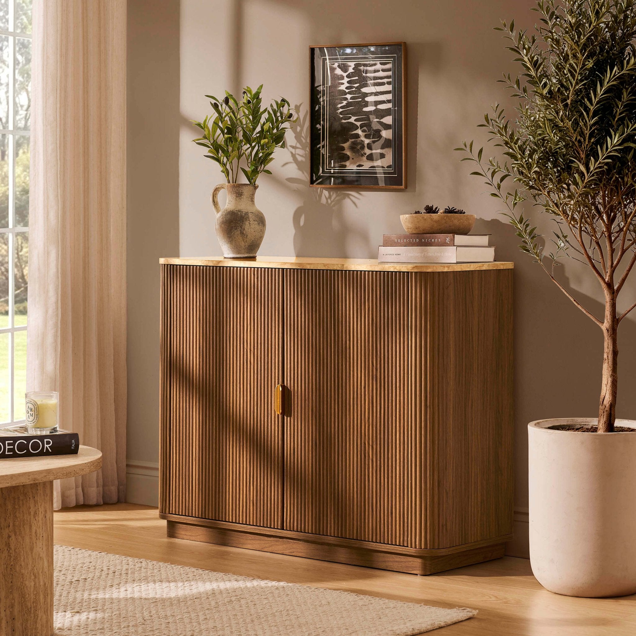 Hettie 2 Door Sideboard - Mid Wood/ Marble Effect Top - DUSK