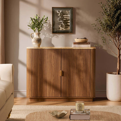 Hettie 2 Door Sideboard - Mid Wood/ Marble Effect Top - DUSK