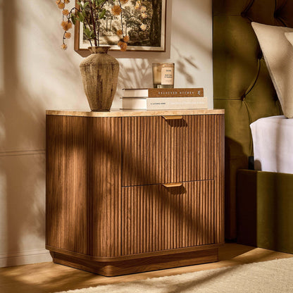 Hettie 2 Drawer Bedside Table - Mid Wood/ Marble Effect Top - DUSK