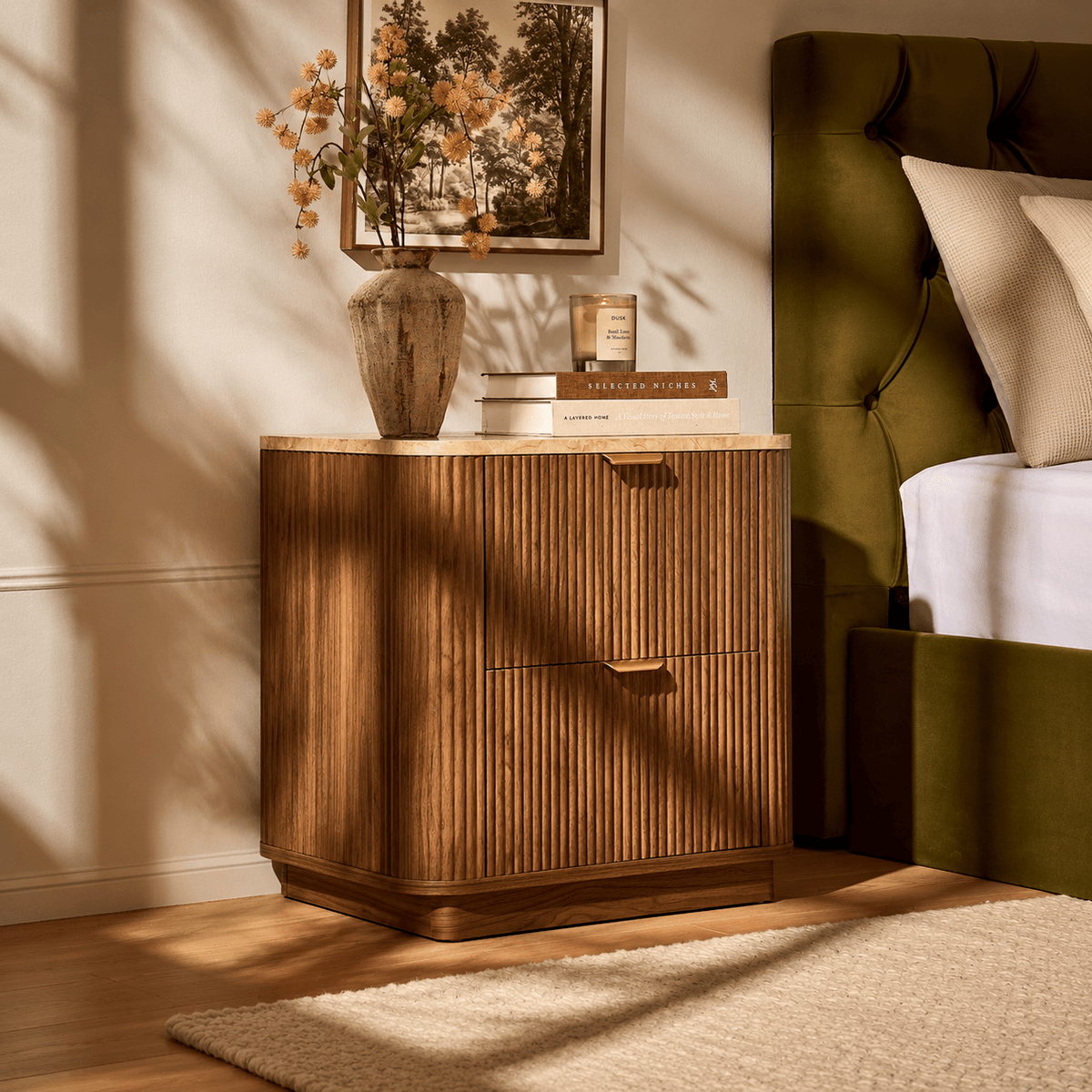 Hettie 2 Drawer Bedside Table - Mid Wood/ Marble Effect Top - DUSK