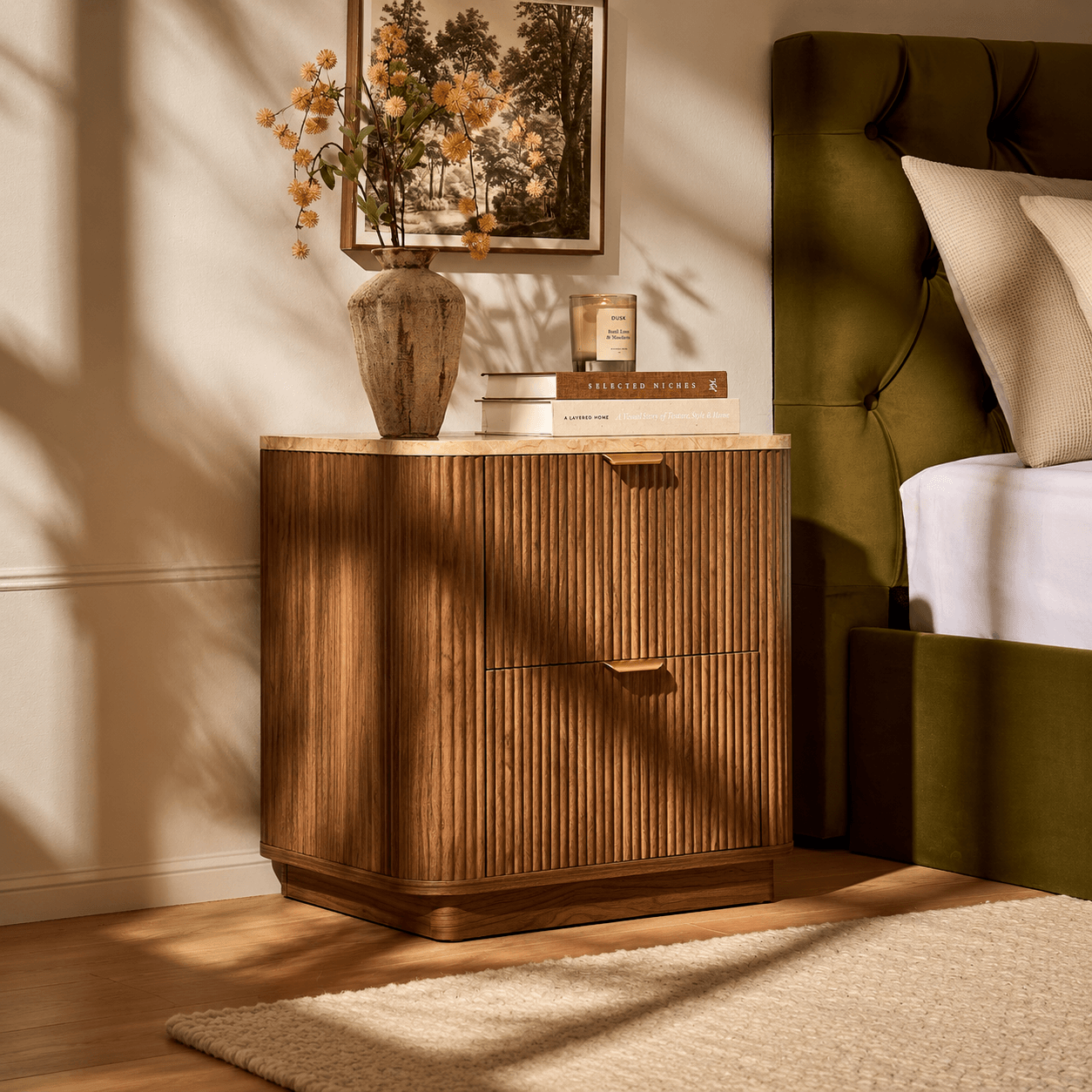 Hettie 2 Drawer Bedside Table - Mid Wood/ Marble Effect Top - DUSK