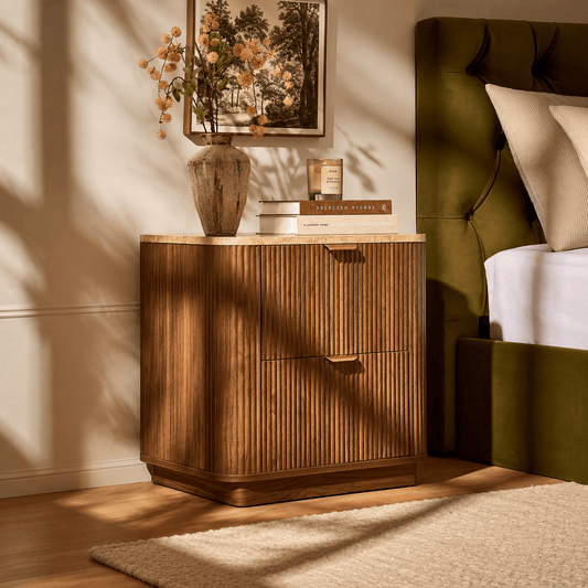 Hettie 2 Drawer Bedside Table - Mid Wood/ Marble Effect Top - DUSK