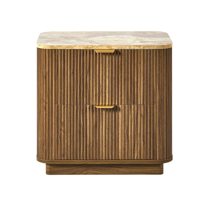 Hettie 2 Drawer Bedside Table - Mid Wood/ Marble Effect Top - DUSK