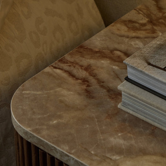 Hettie 2 Drawer Bedside Table - Mid Wood/ Marble Effect Top - DUSK