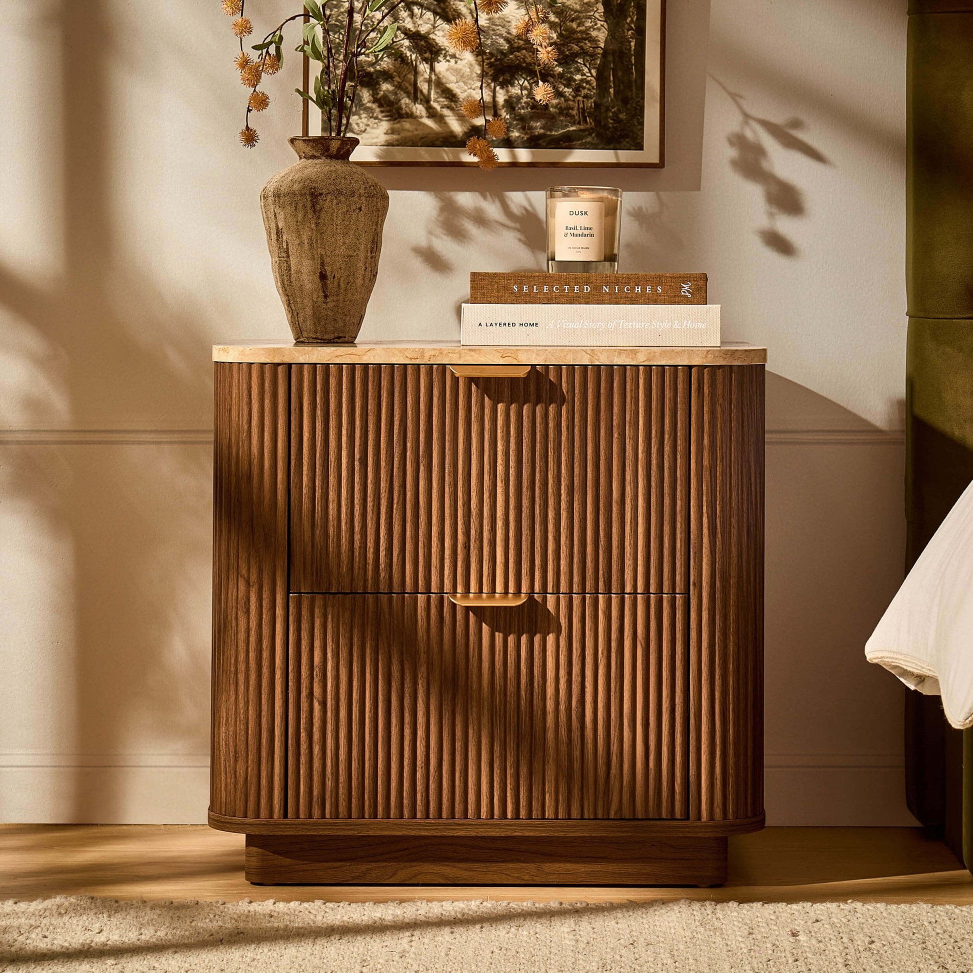 Hettie 2 Drawer Bedside Table - Mid Wood/ Marble Effect Top - DUSK