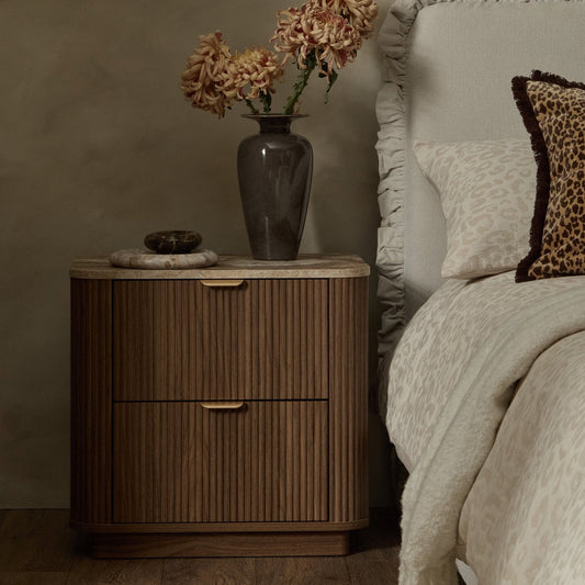 Hettie 2 Drawer Bedside Table - Mid Wood/ Marble Effect Top - DUSK