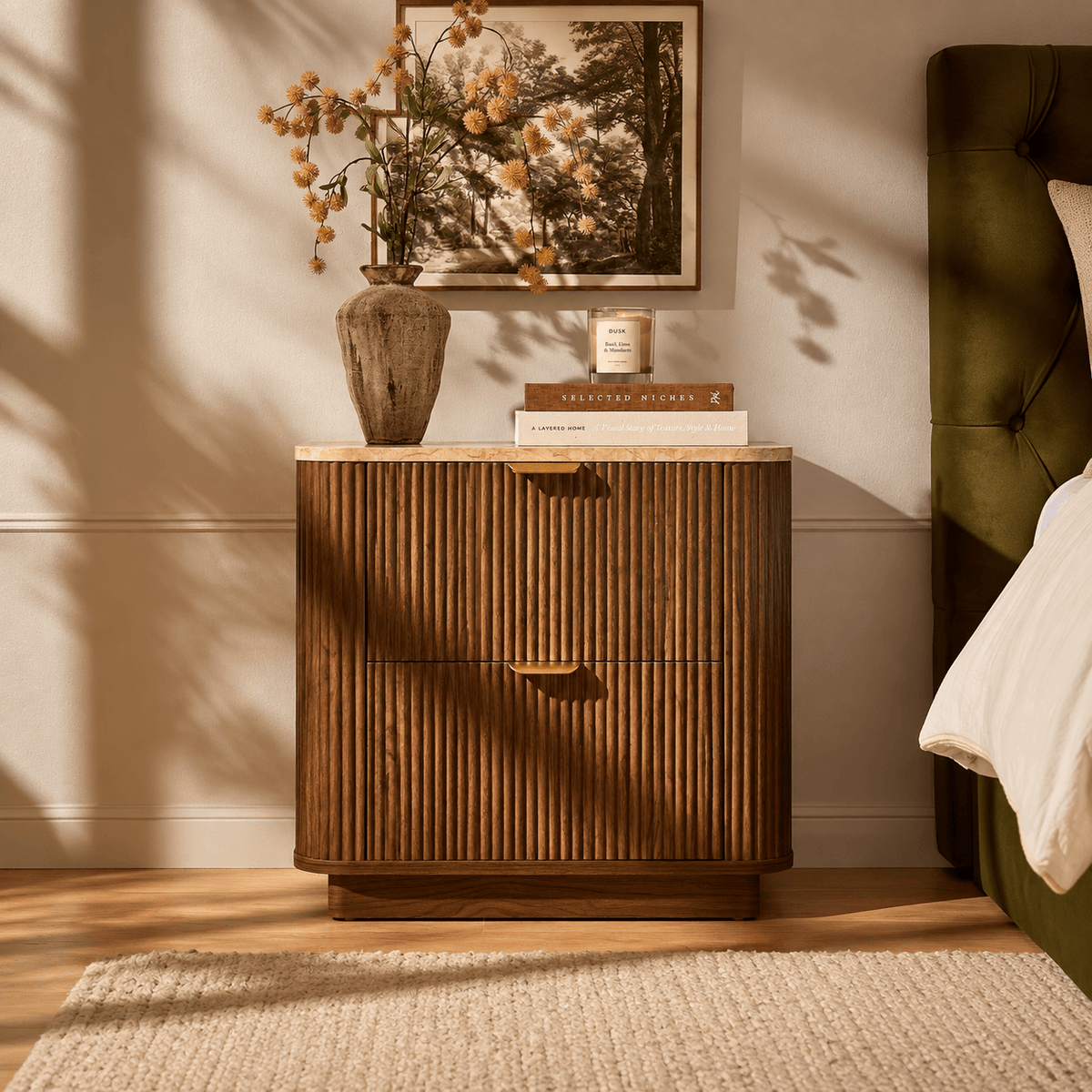 Hettie 2 Drawer Bedside Table - Mid Wood/ Marble Effect Top - DUSK