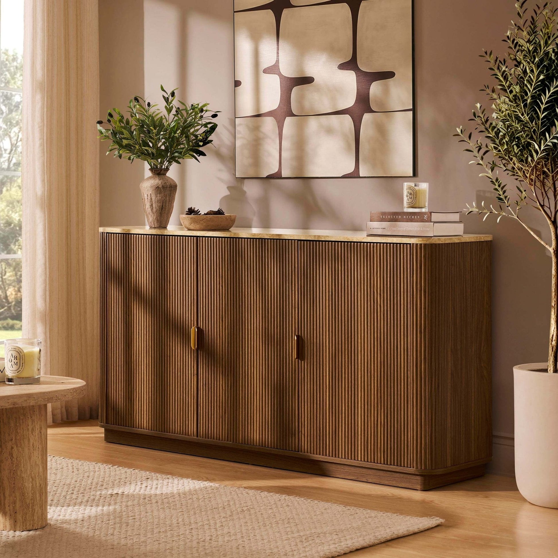 Hettie 3 Door Sideboard - Mid Wood/ Marble Effect Top - DUSK