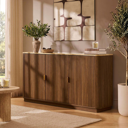 Hettie 3 Door Sideboard - Mid Wood/ Marble Effect Top - DUSK