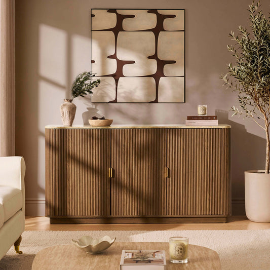 Hettie 3 Door Sideboard - Mid Wood/ Marble Effect Top - DUSK