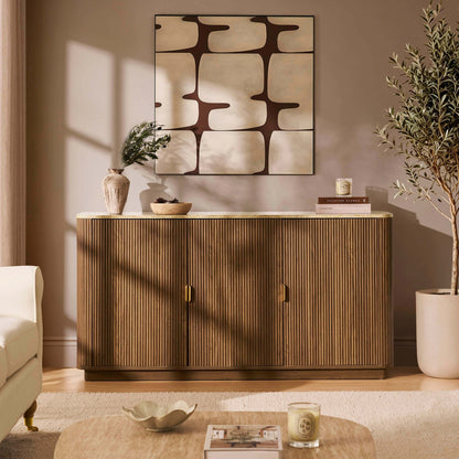 Hettie 3 Door Sideboard - Mid Wood/ Marble Effect Top - DUSK