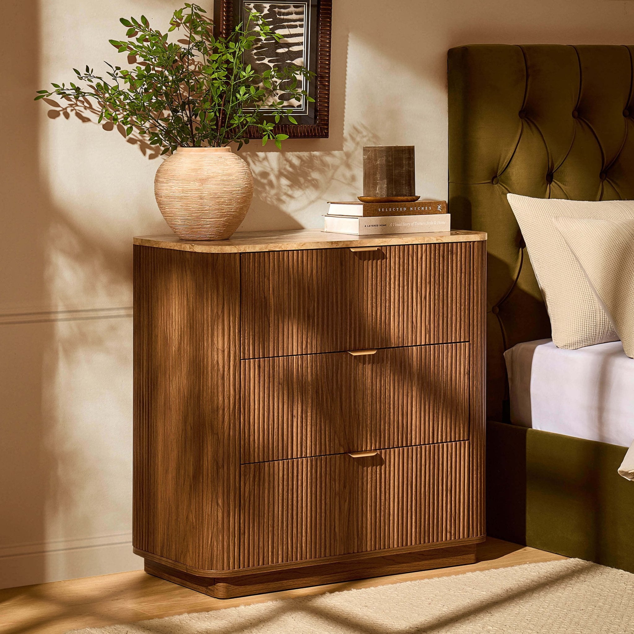 Hettie 3 Drawer Chest - Mid Wood/ Marble Effect Top - DUSK