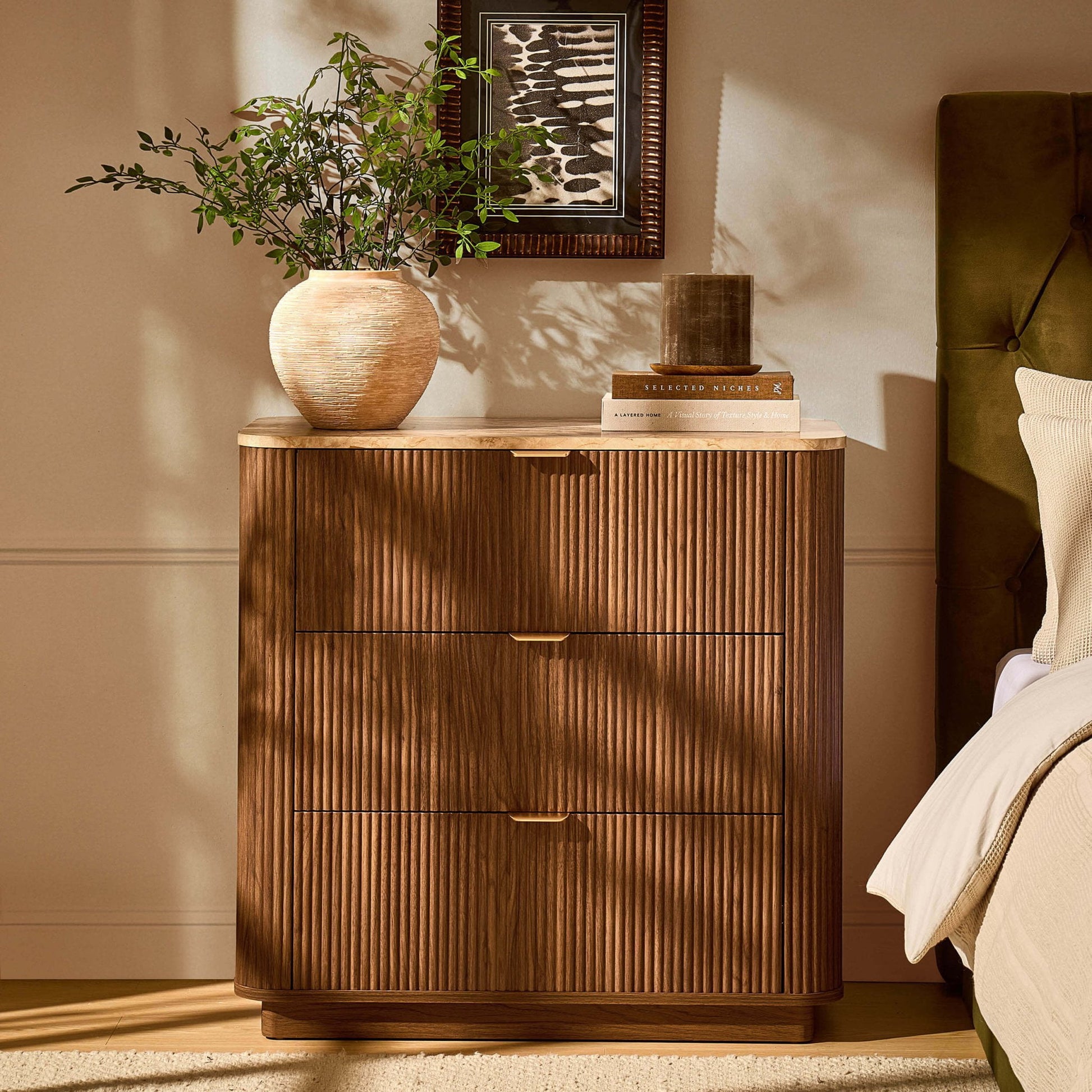 Hettie 3 Drawer Chest - Mid Wood/ Marble Effect Top - DUSK