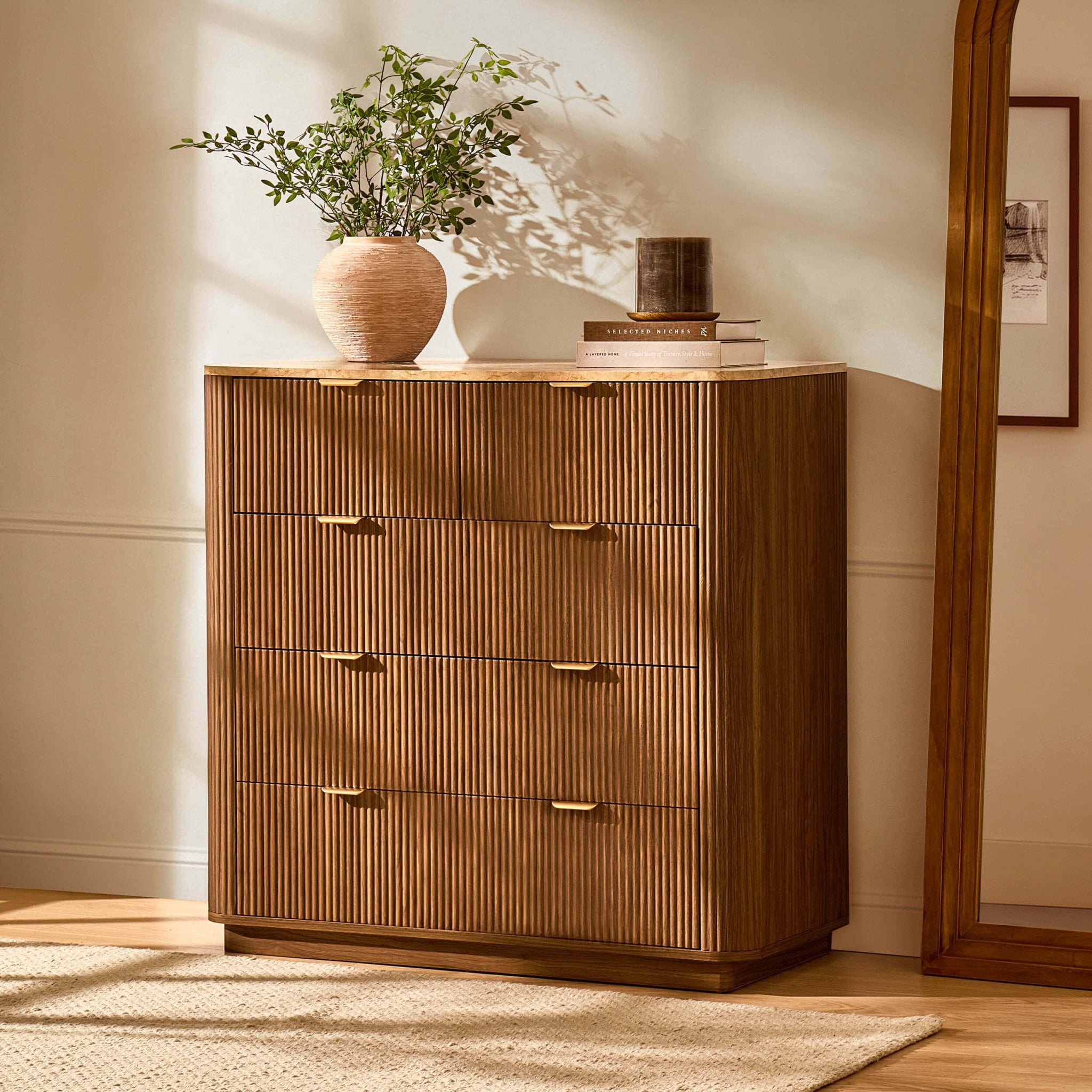 Hettie 5 Drawer Chest - Mid Wood/ Marble Effect Top - DUSK