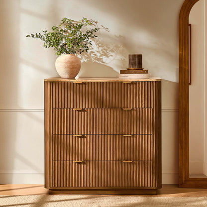 Hettie 5 Drawer Chest - Mid Wood/ Marble Effect Top - DUSK