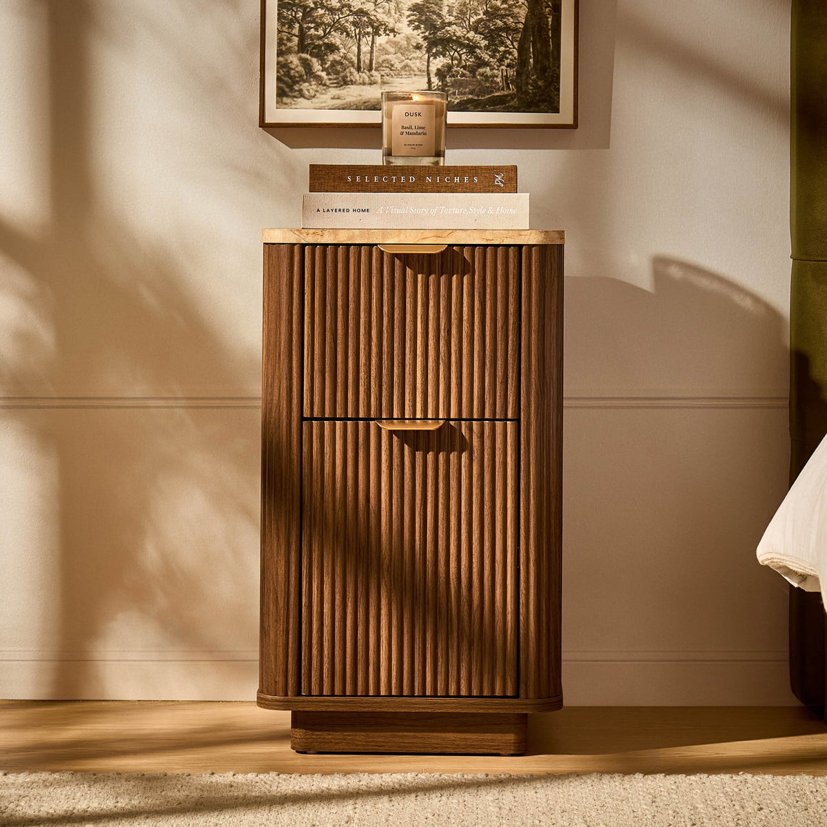 Hettie Ribbed 2 Drawer Compact Bedside Table - Mid Wood/ Marble Effect Top - DUSK