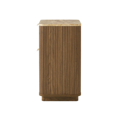 Hettie Ribbed 2 Drawer Compact Bedside Table - Mid Wood/ Marble Effect Top - DUSK