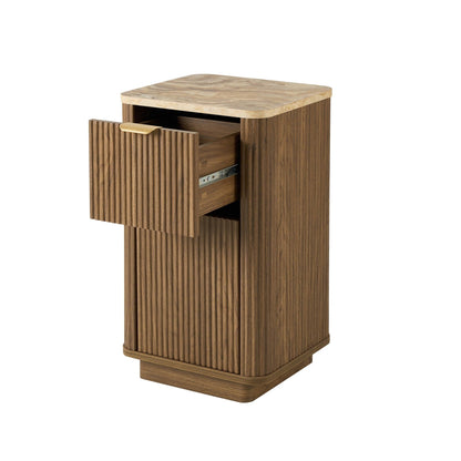 Hettie Ribbed 2 Drawer Compact Bedside Table - Mid Wood/ Marble Effect Top - DUSK