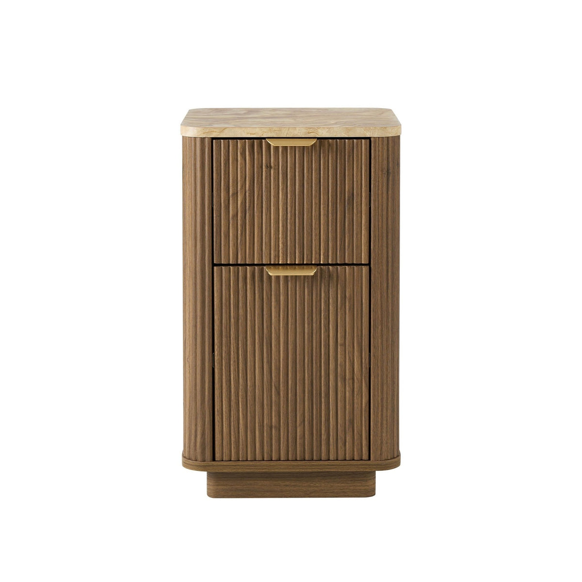 Hettie Ribbed 2 Drawer Compact Bedside Table - Mid Wood/ Marble Effect Top - DUSK
