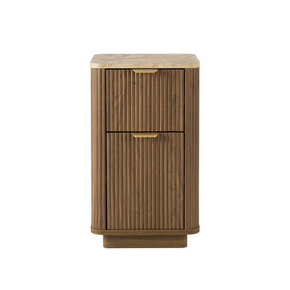 Hettie Ribbed 2 Drawer Compact Bedside Table - Mid Wood/ Marble Effect Top - DUSK