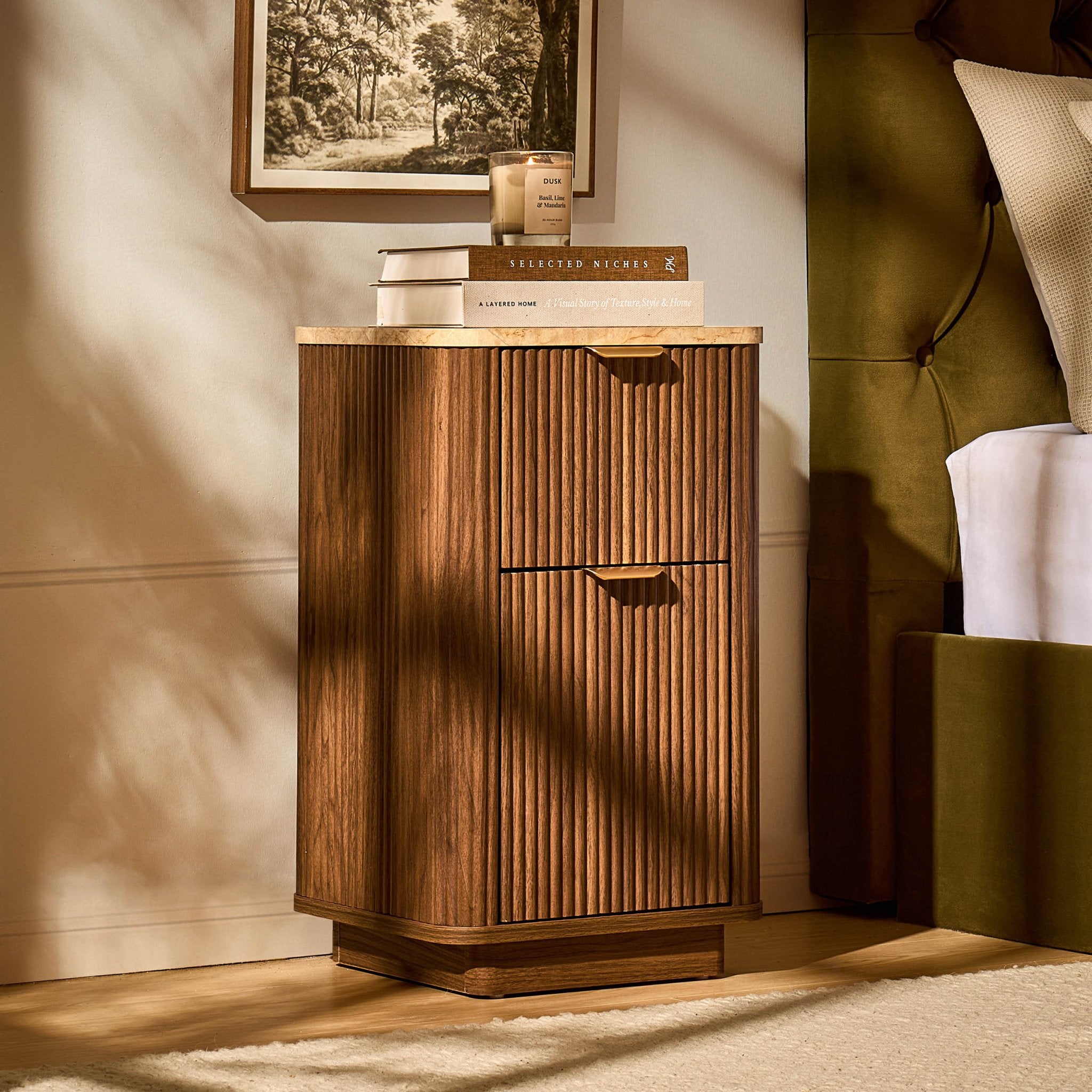 Hettie Ribbed 2 Drawer Compact Bedside Table - Mid Wood/ Marble Effect Top - DUSK
