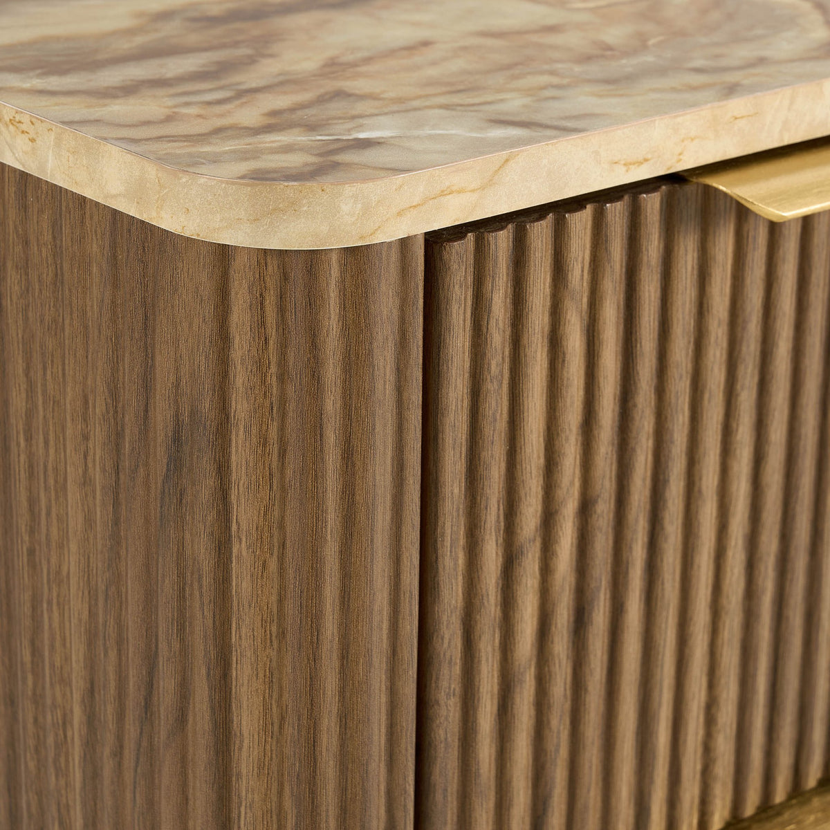 Hettie Ribbed 2 Drawer Compact Bedside Table - Mid Wood/ Marble Effect Top - DUSK