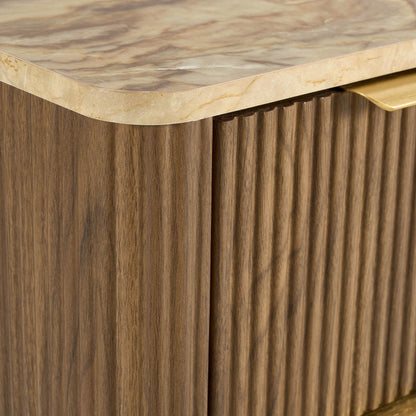Hettie Ribbed 2 Drawer Compact Bedside Table - Mid Wood/ Marble Effect Top - DUSK