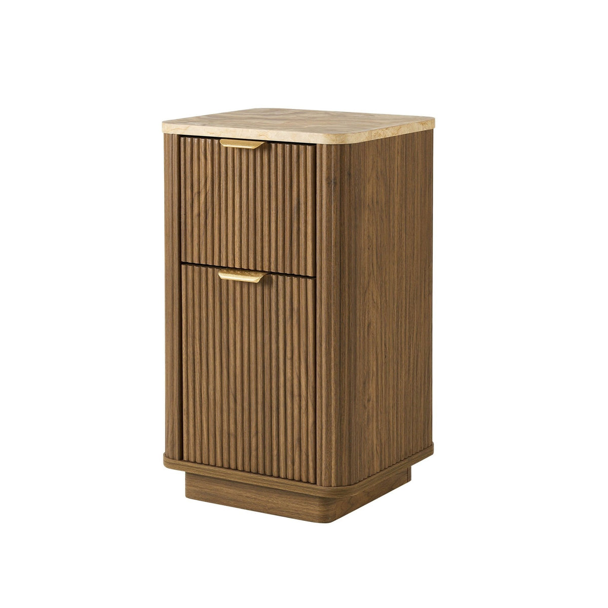 Hettie Ribbed 2 Drawer Compact Bedside Table - Mid Wood/ Marble Effect Top - DUSK
