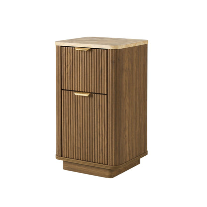 Hettie Ribbed 2 Drawer Compact Bedside Table - Mid Wood/ Marble Effect Top - DUSK