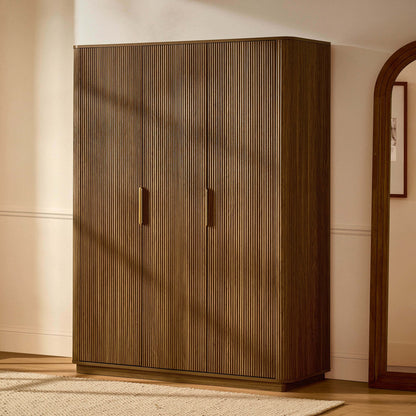 Hettie Ribbed 3 Door Wardrobe - Mid Wood - DUSK