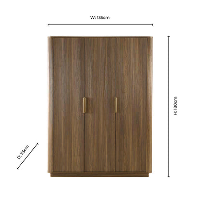 Hettie Ribbed 3 Door Wardrobe - Mid Wood - DUSK